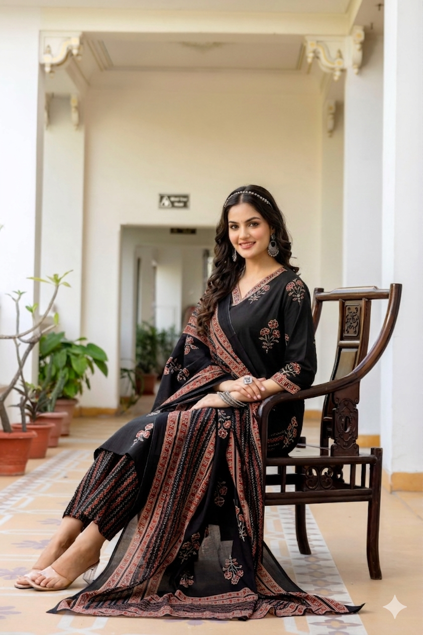 Midnight Black Floral Handblock Cotton Suit Set