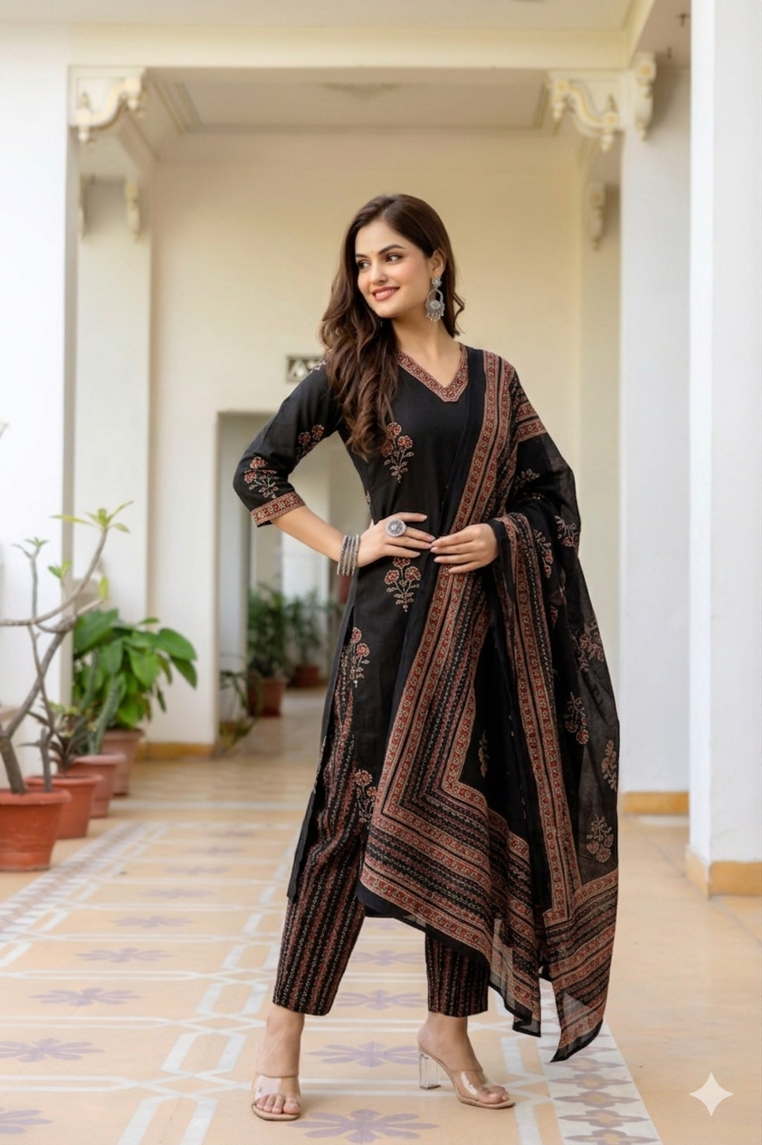Midnight Black Floral Handblock Cotton Suit Set