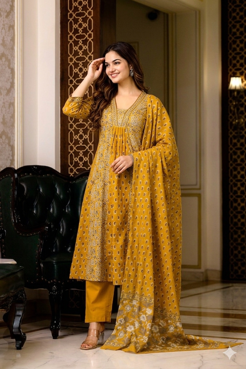 Mustard Yellow Floral A-Line Cotton Suit Set
