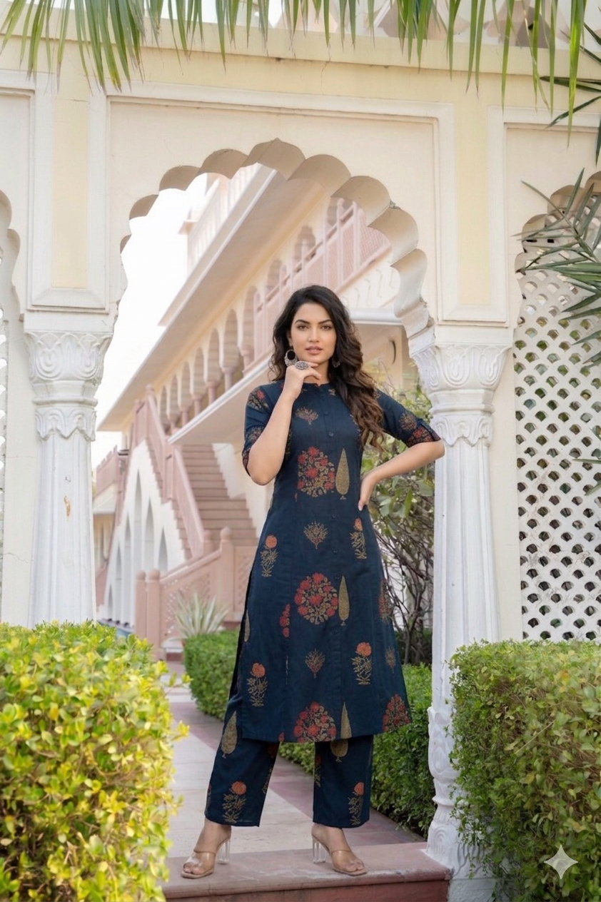 Indigo Blue Floral Block-Print A-Line Cotton Co-ord Set