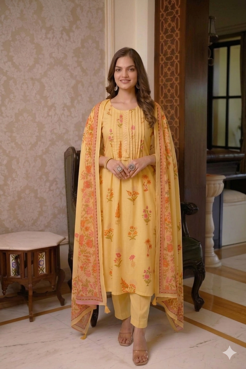 Sunlight Yellow Floral A-Line Cotton Suit Set
