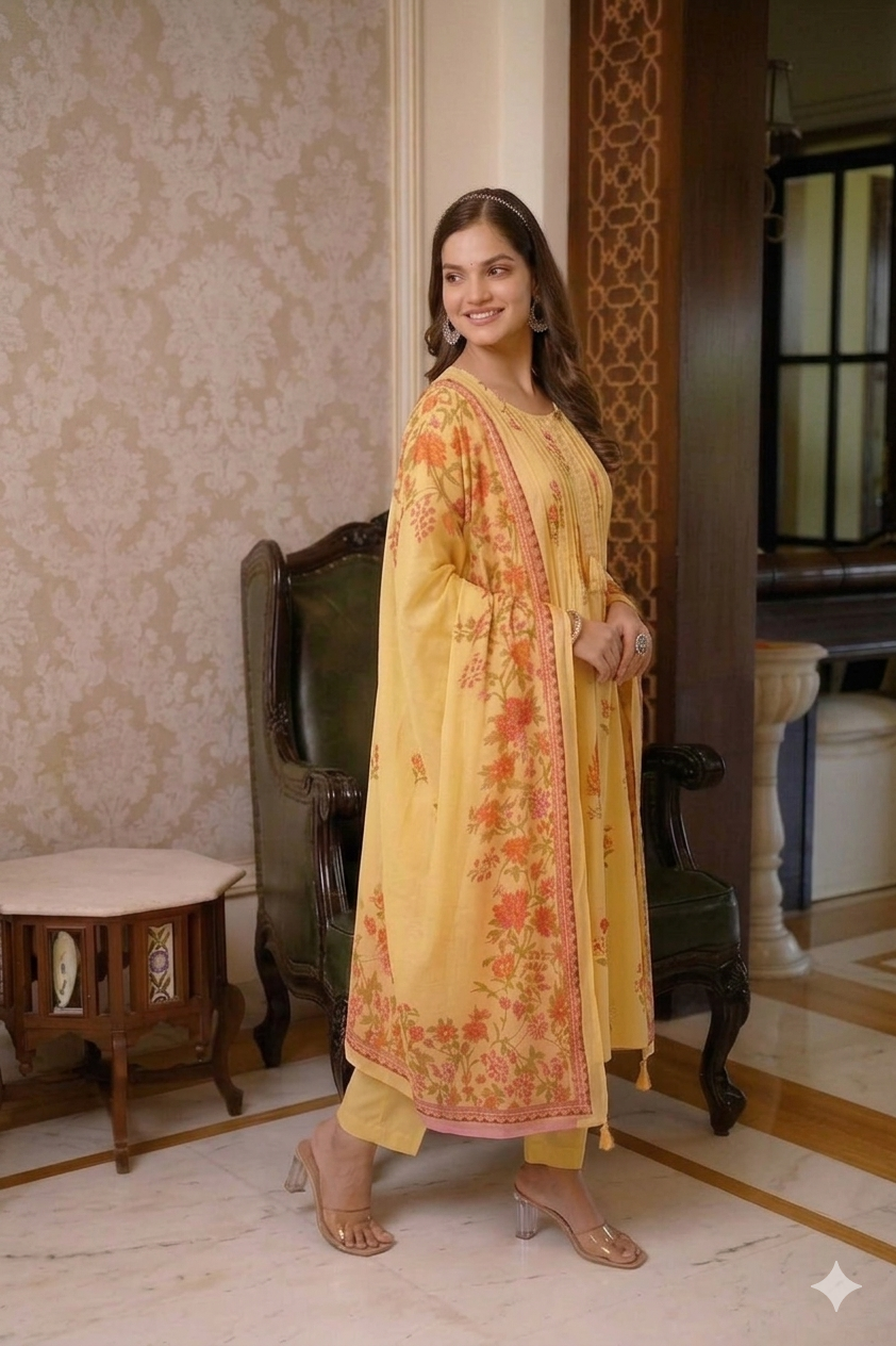 Sunlight Yellow Floral A-Line Cotton Suit Set