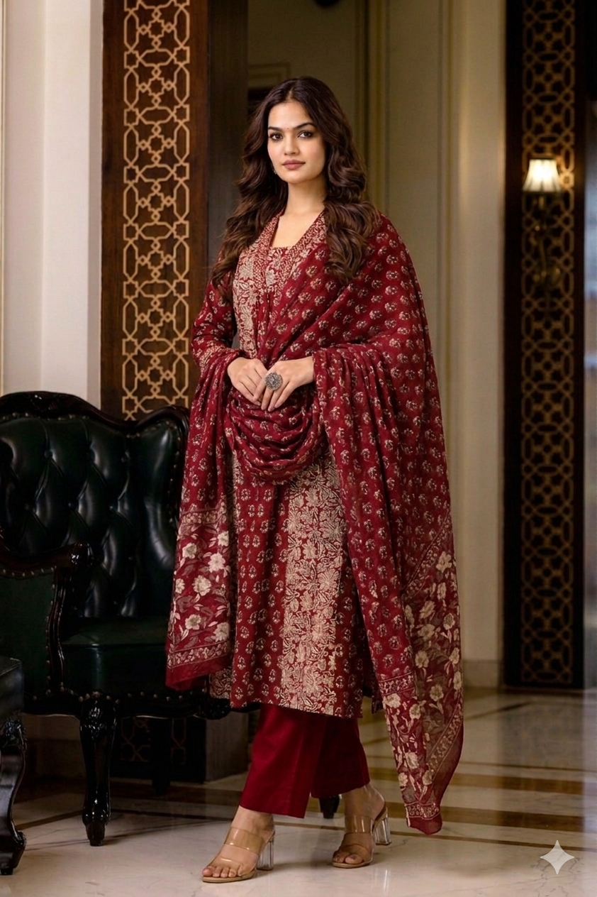 Maroon Floral A-Line Cotton Suit Set