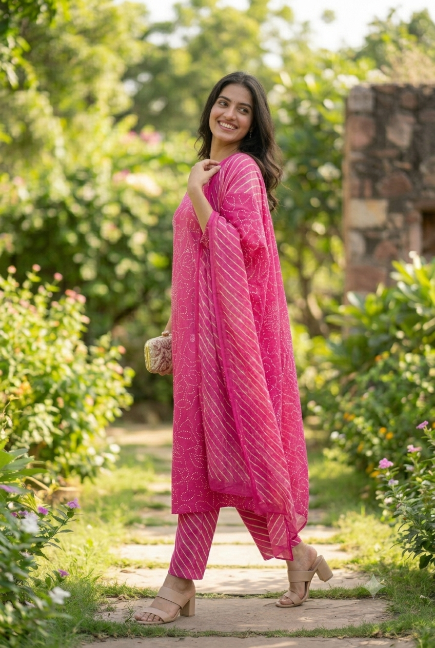 Rani Pink Bandhani Angrakha Anarkali Set