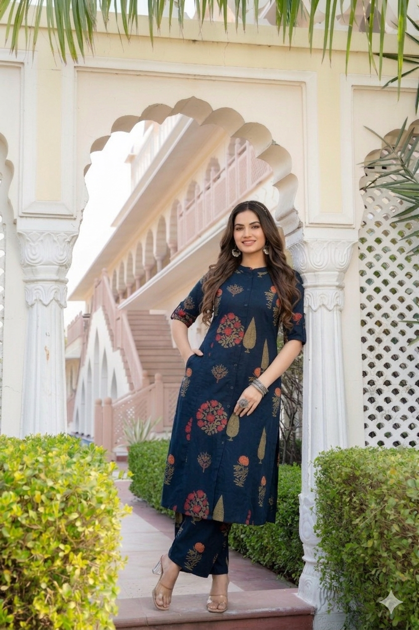 Indigo Blue Floral Block-Print A-Line Cotton Co-ord Set