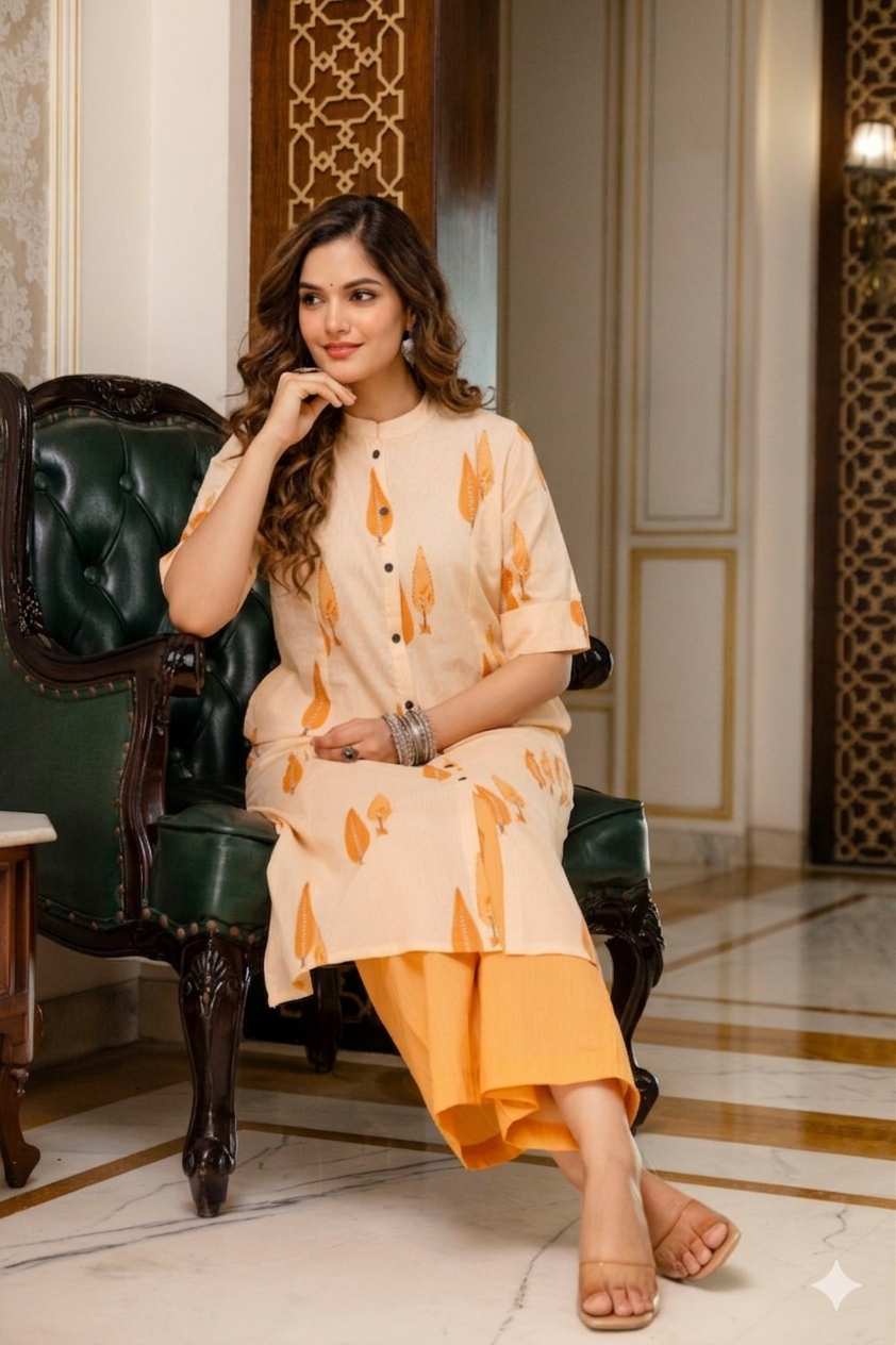 Soft Peach & Coral Leaf A-Line Cotton Co-ord Set