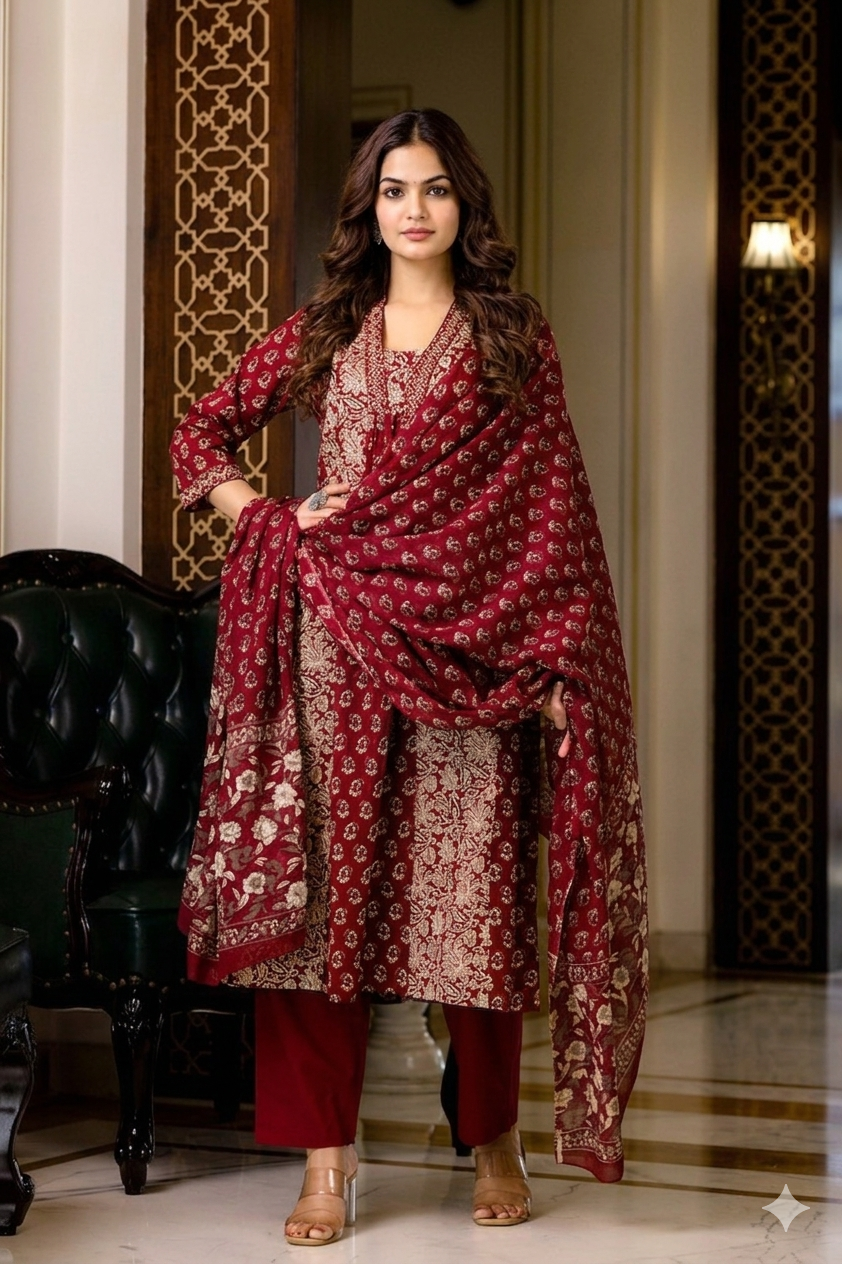 Maroon Floral A-Line Cotton Suit Set