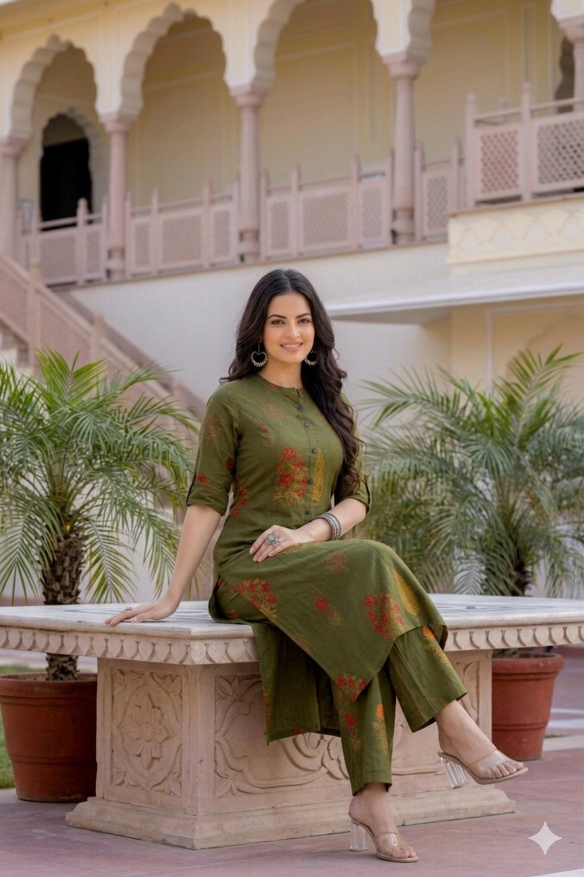 Mehendi Green Floral Block-Print A-Line Cotton Co-ord Set