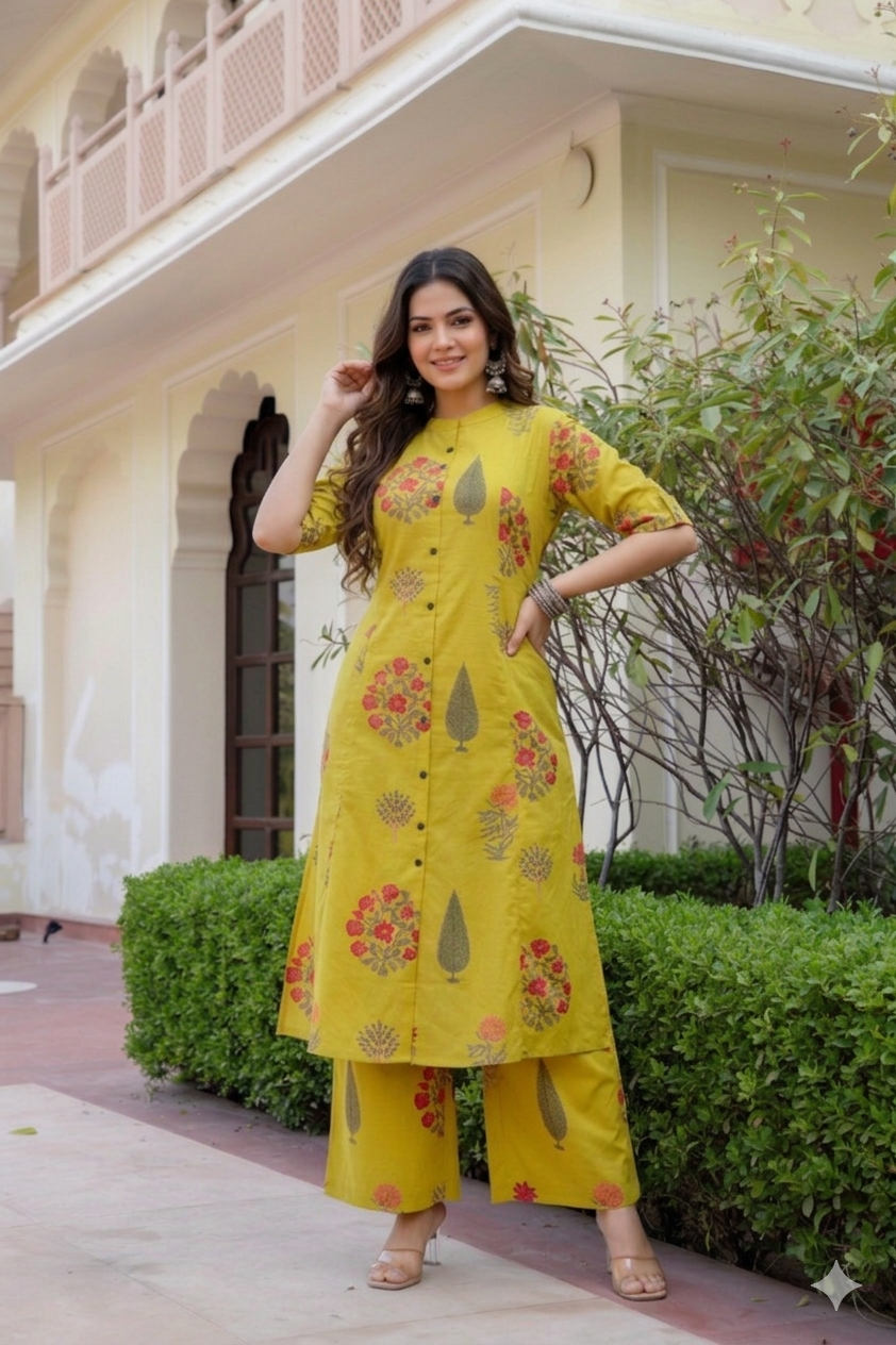 Lime Green Floral Block-Print A-Line Cotton Co-ord Set