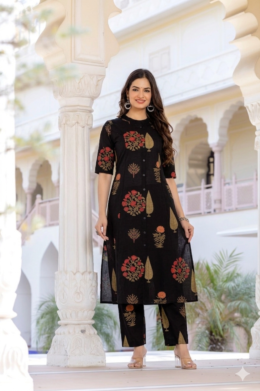 Midnight Black Floral Block-Print Cotton Co-ord Set