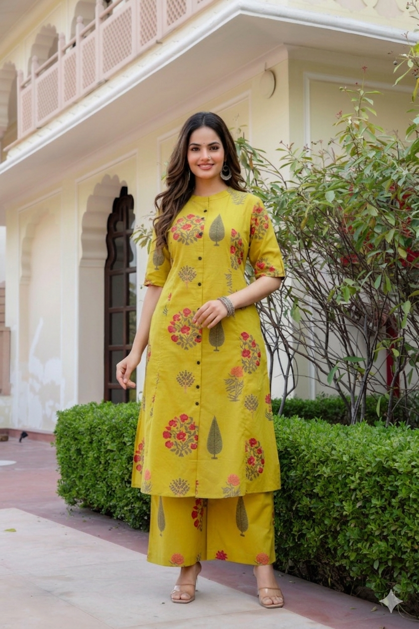 Lime Green Floral Block-Print A-Line Cotton Co-ord Set