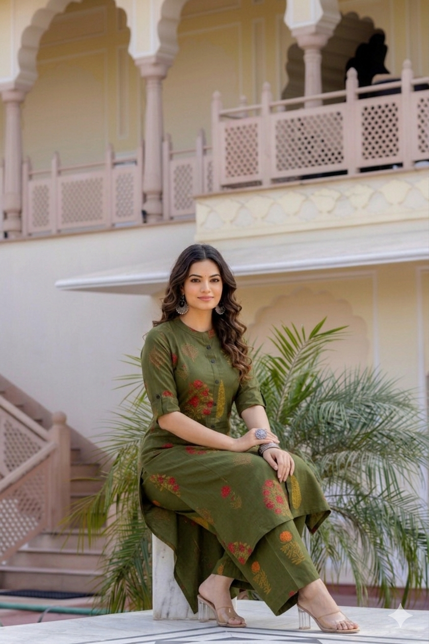 Mehendi Green Floral Block-Print A-Line Cotton Co-ord Set