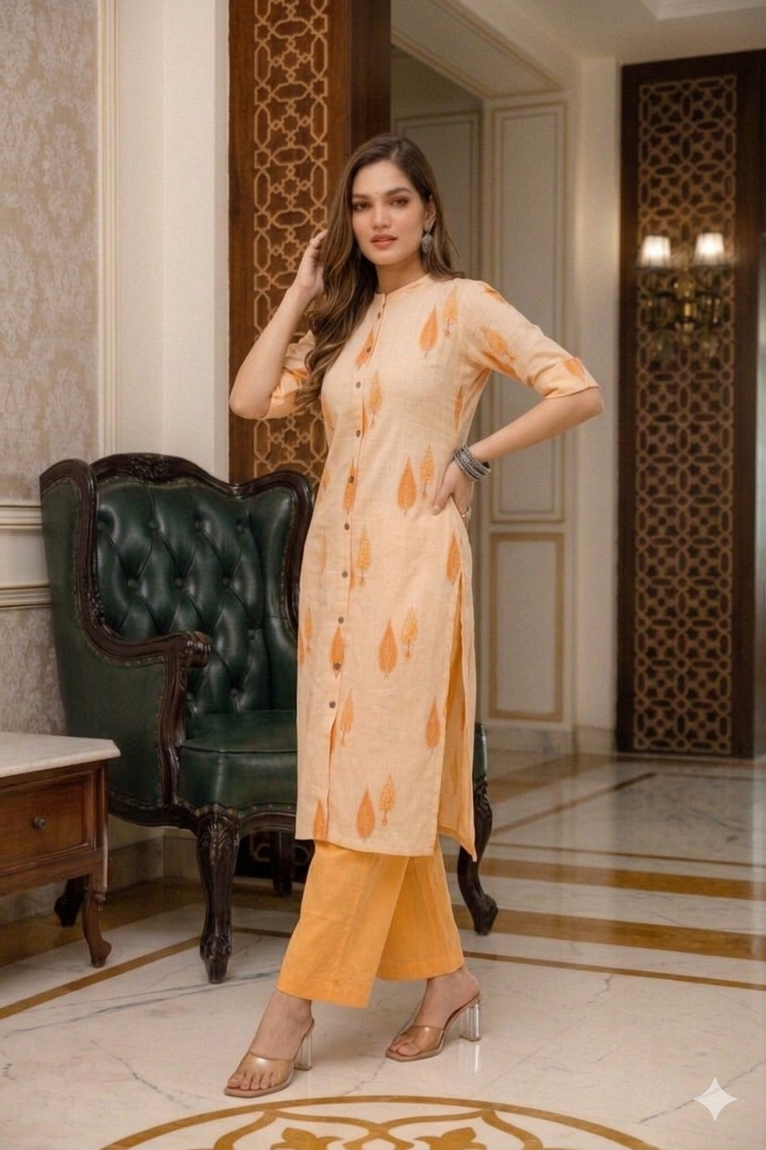 Soft Peach & Coral Leaf A-Line Cotton Co-ord Set