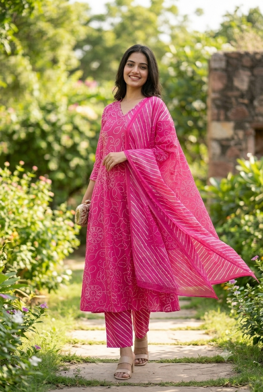 Rani Pink Bandhani Angrakha Anarkali Set