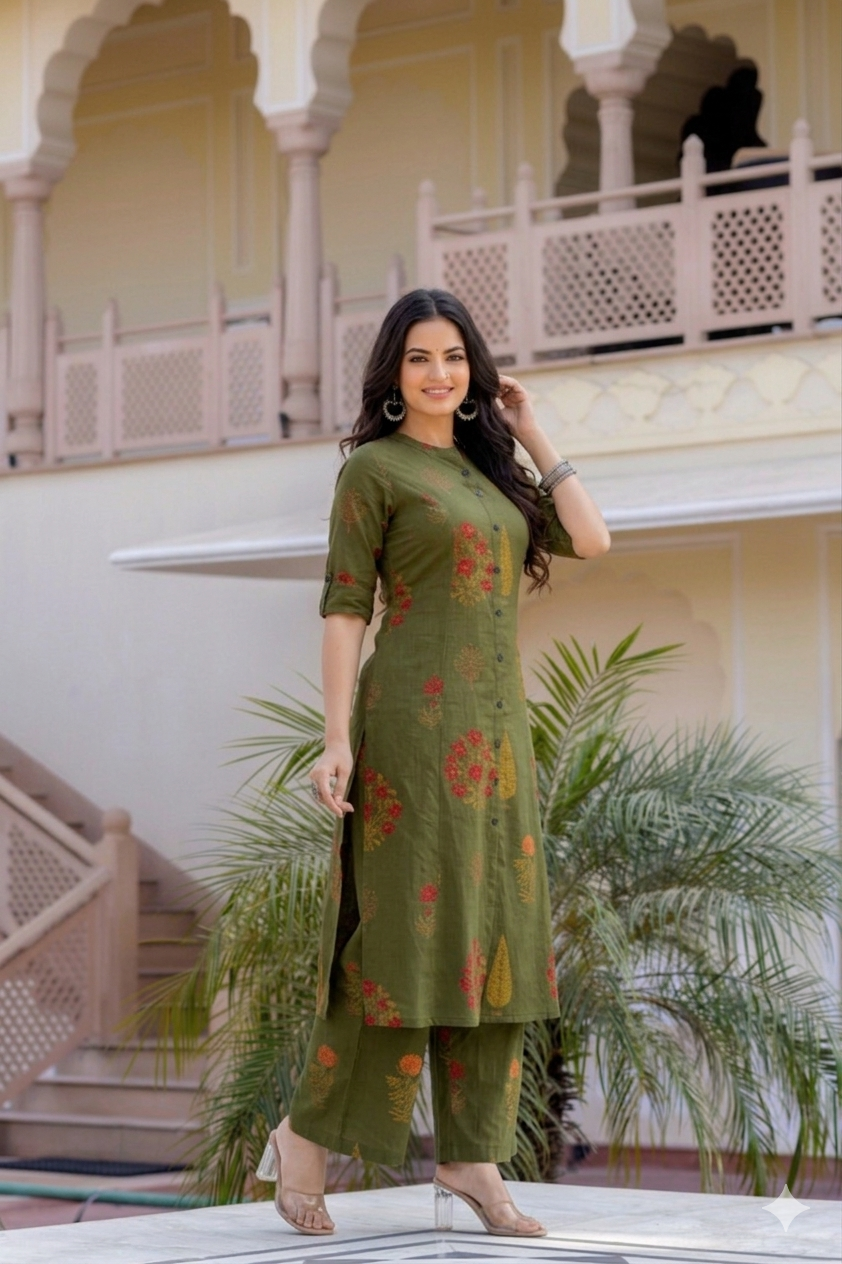 Mehendi Green Floral Block-Print A-Line Cotton Co-ord Set