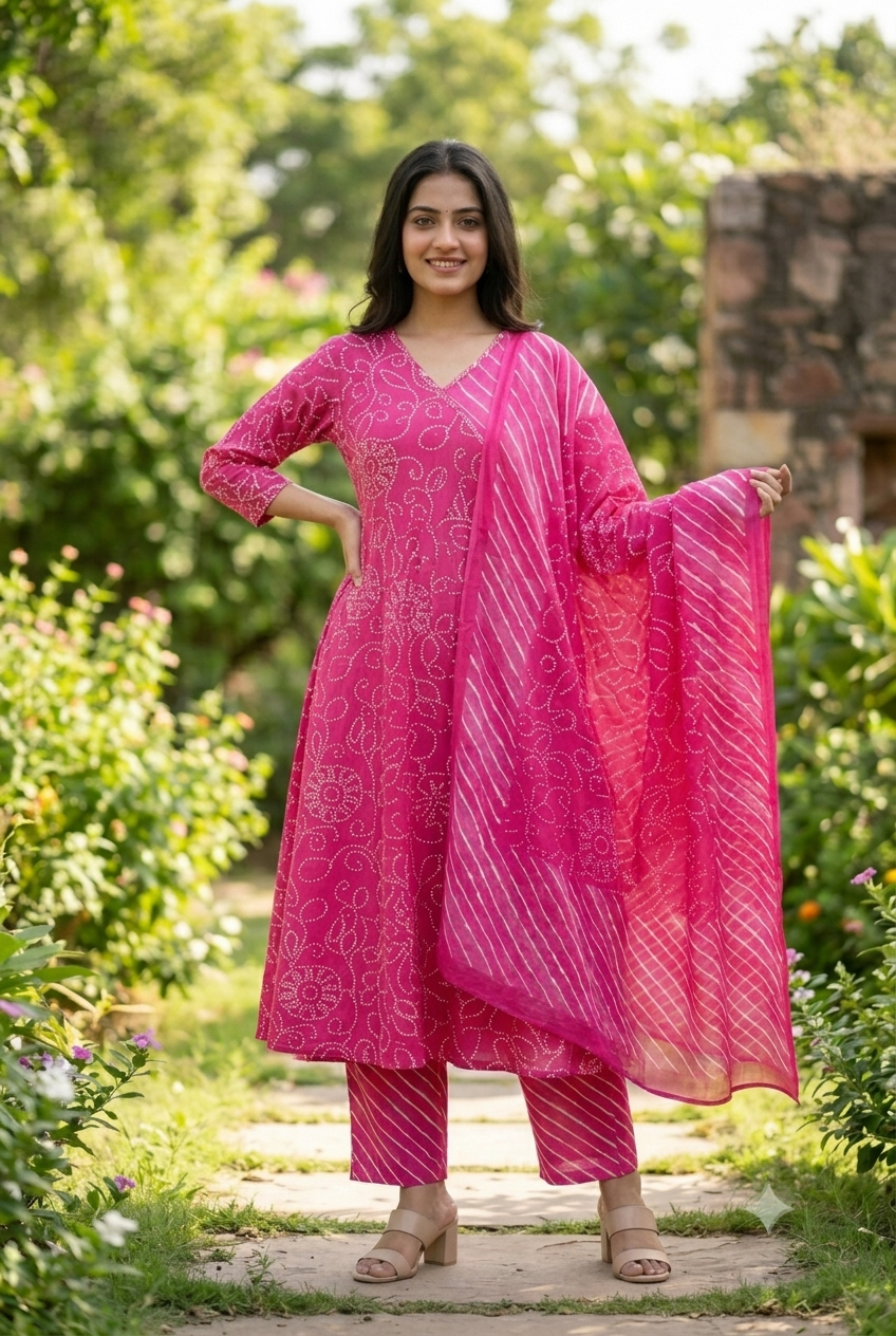 Rani Pink Bandhani Angrakha Anarkali Set