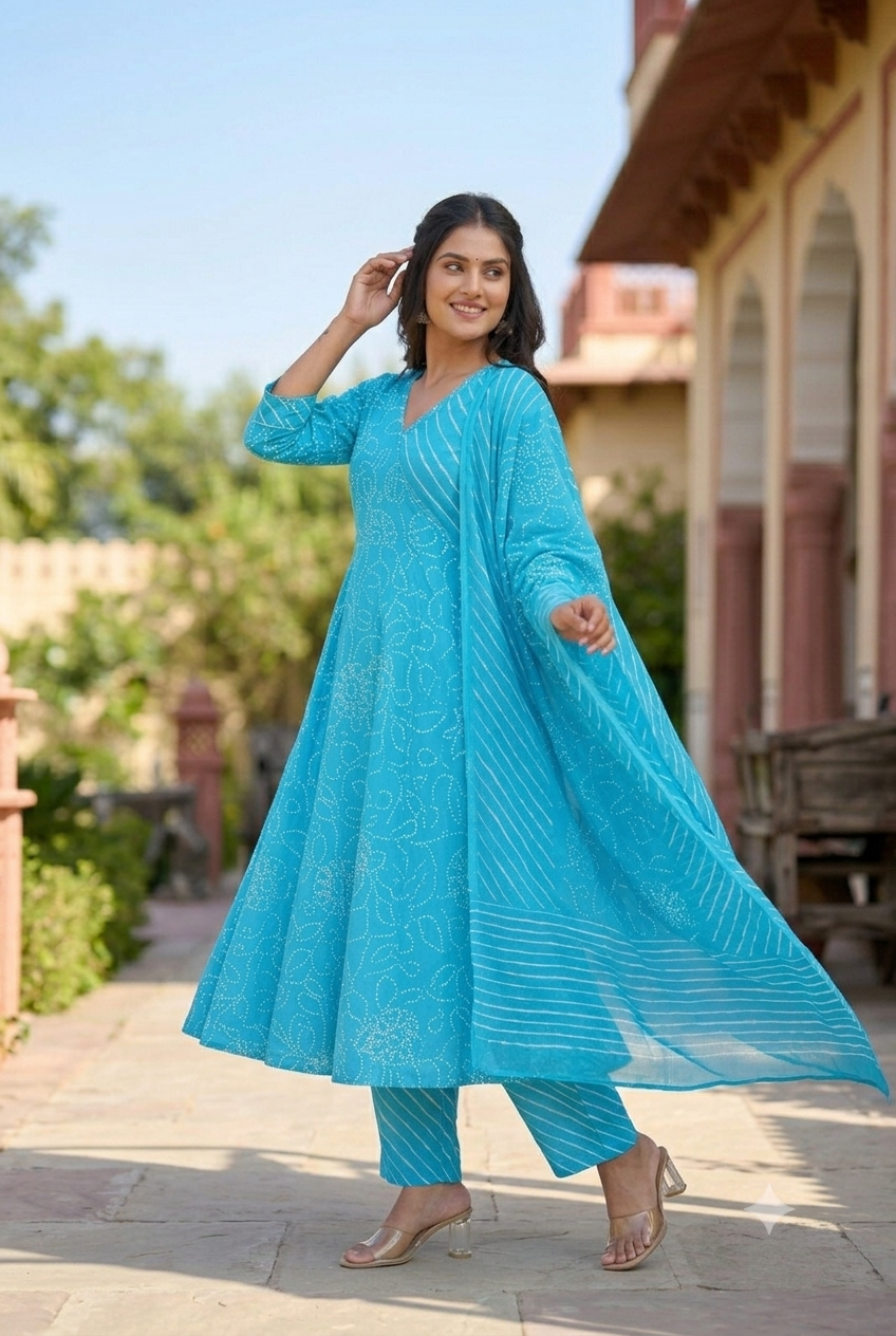 Neelambari Bandhani Angrakha Anarkali Set