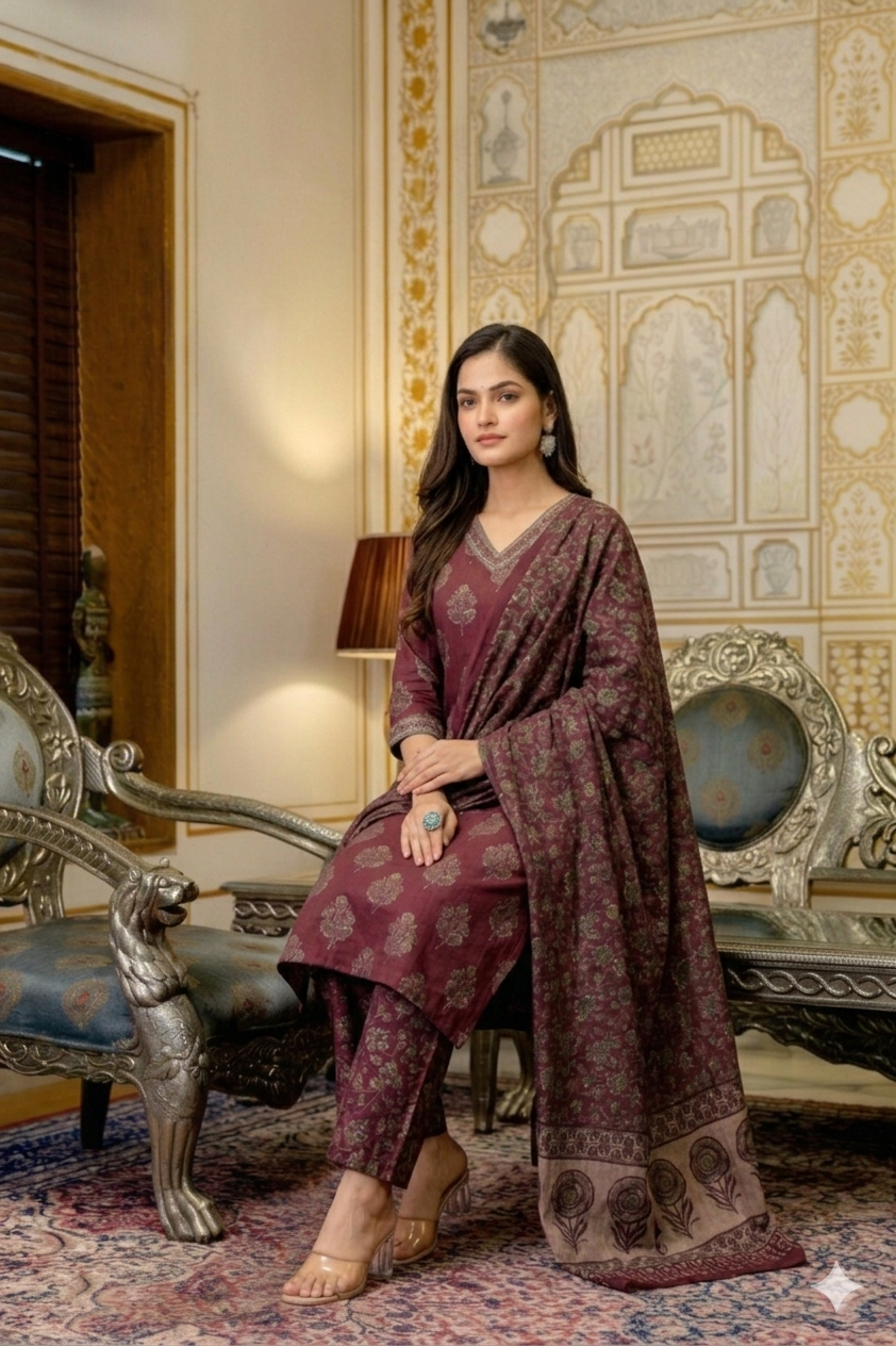 Burgundy Mughal Cotton Suit Set