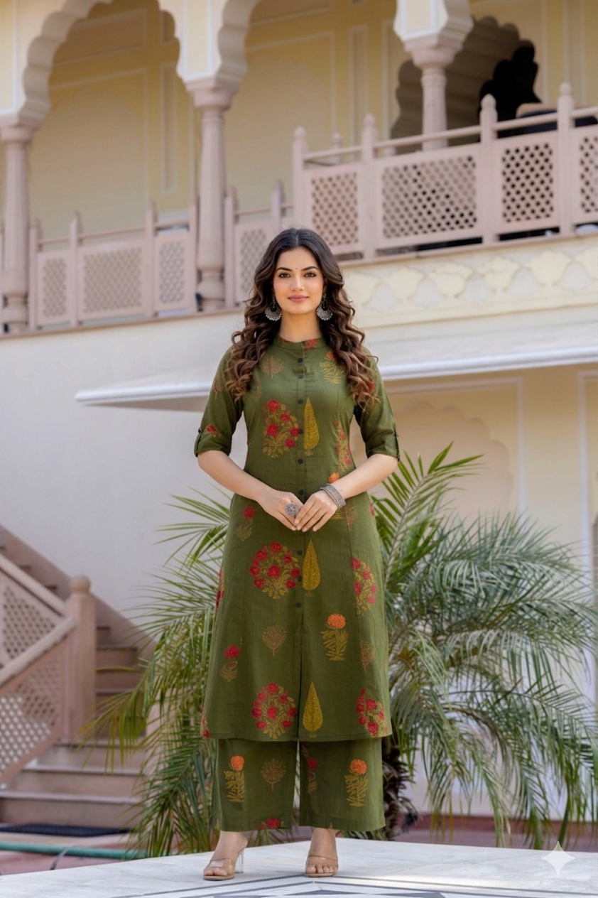 Mehendi Green Floral Block-Print A-Line Cotton Co-ord Set