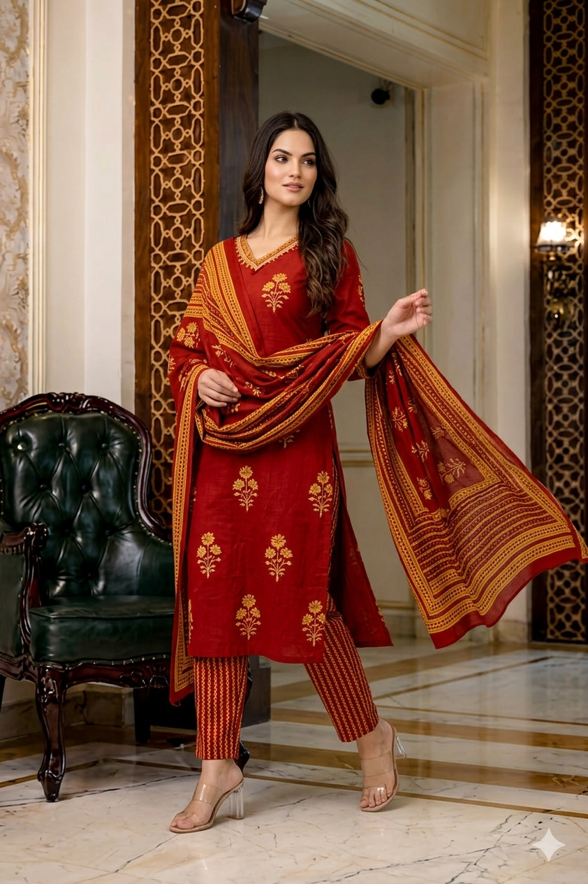 Crimson Red Floral Handblock Cotton Suit Set