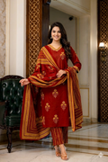Crimson Red Floral Handblock Cotton Suit Set