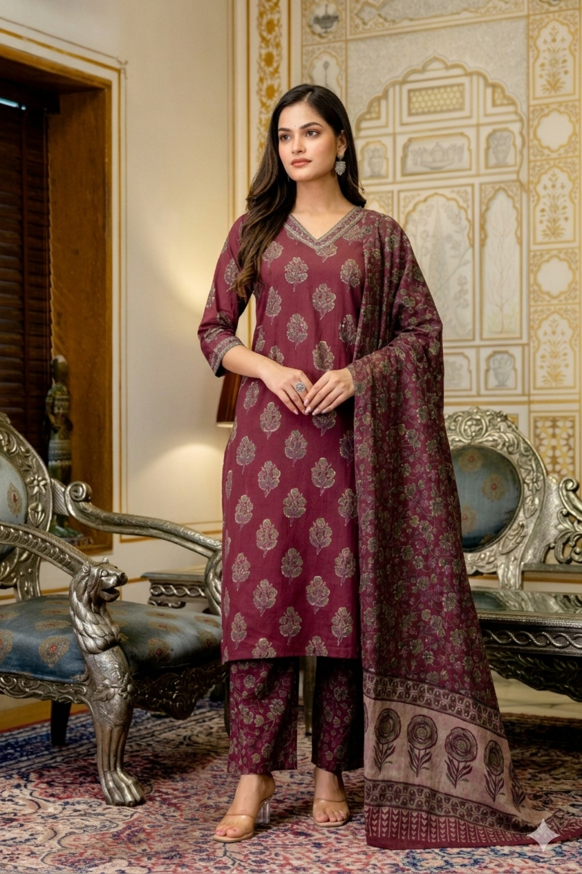 Burgundy Mughal Cotton Suit Set