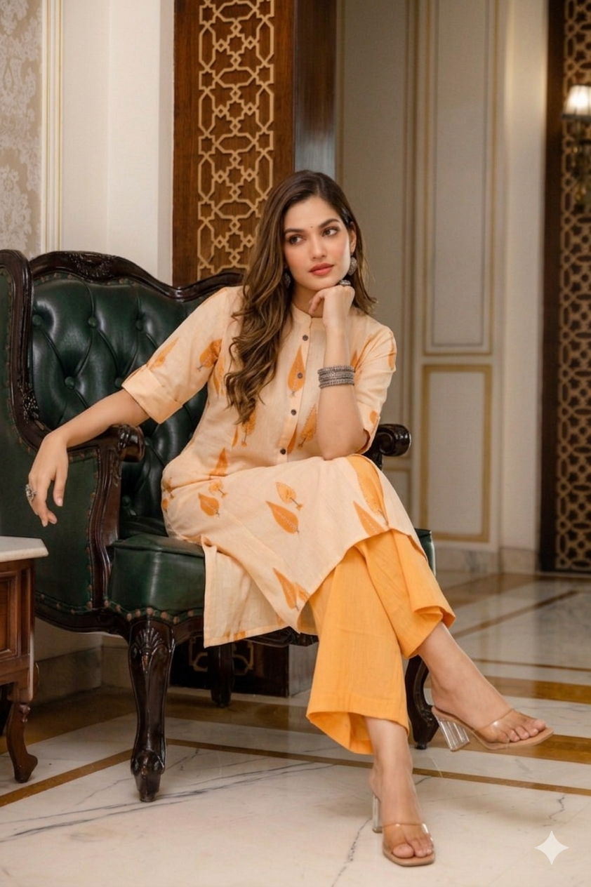 Soft Peach & Coral Leaf A-Line Cotton Co-ord Set