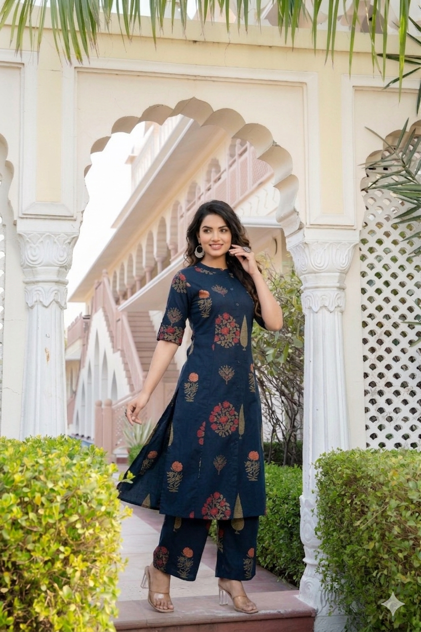 Indigo Blue Floral Block-Print A-Line Cotton Co-ord Set