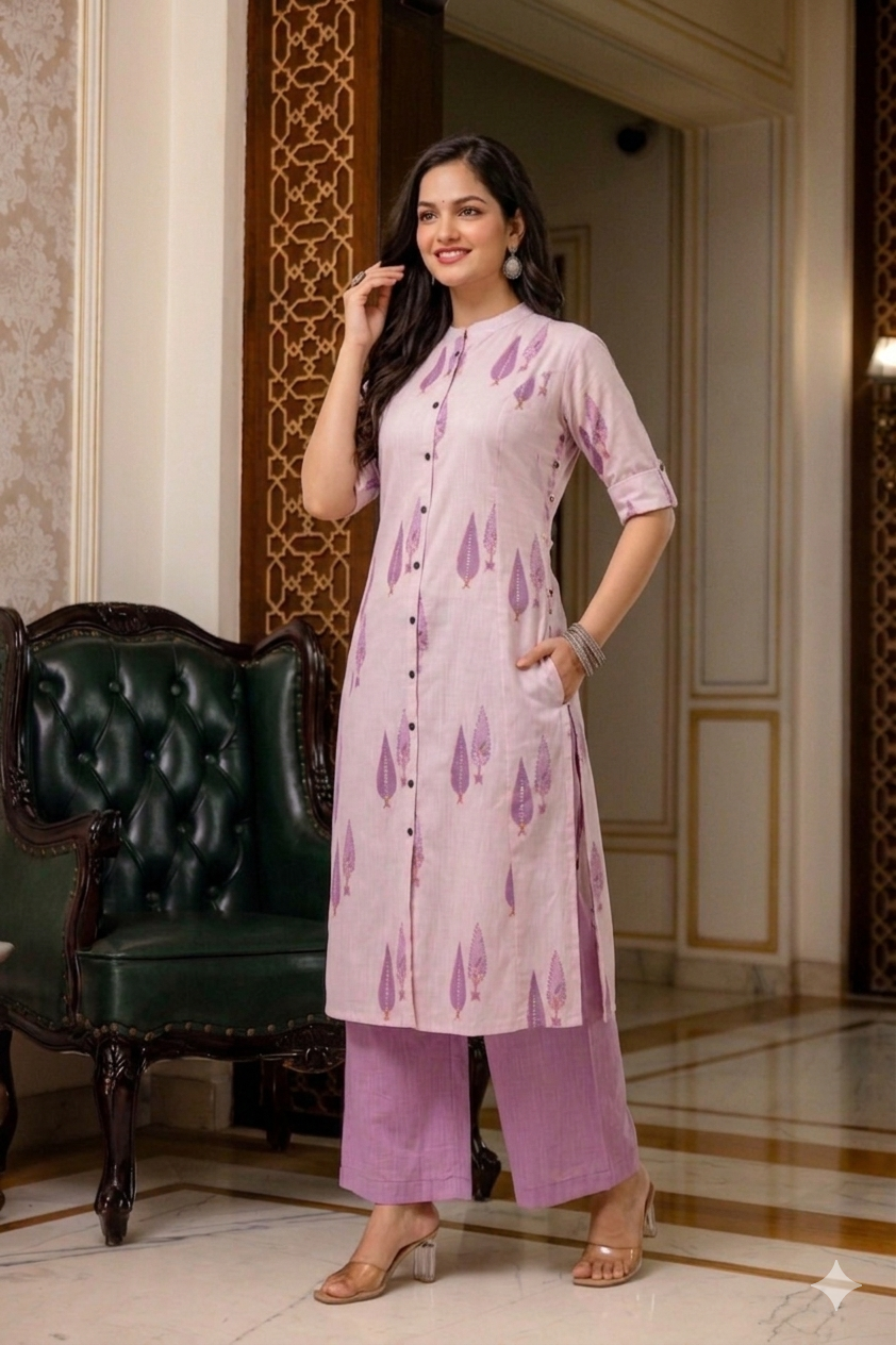 Pastel Lilac Leaf Handblock A-Line Cotton Co-ord Set