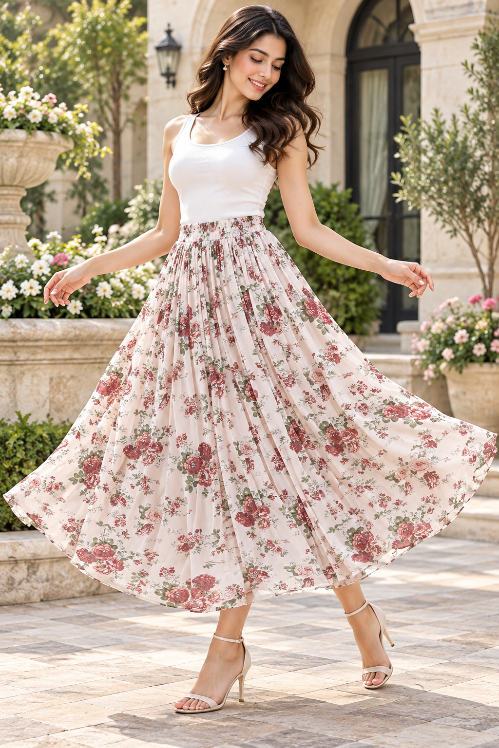 Vintage Blush Rose Floral Print Georgette Maxi Skirt