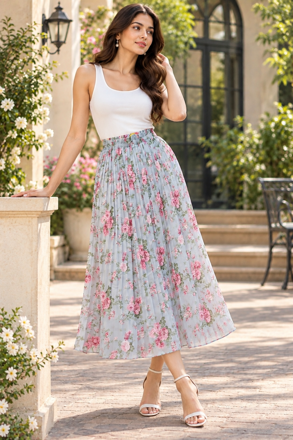 Misty Grey Pink Blossom Georgette Maxi Skirt