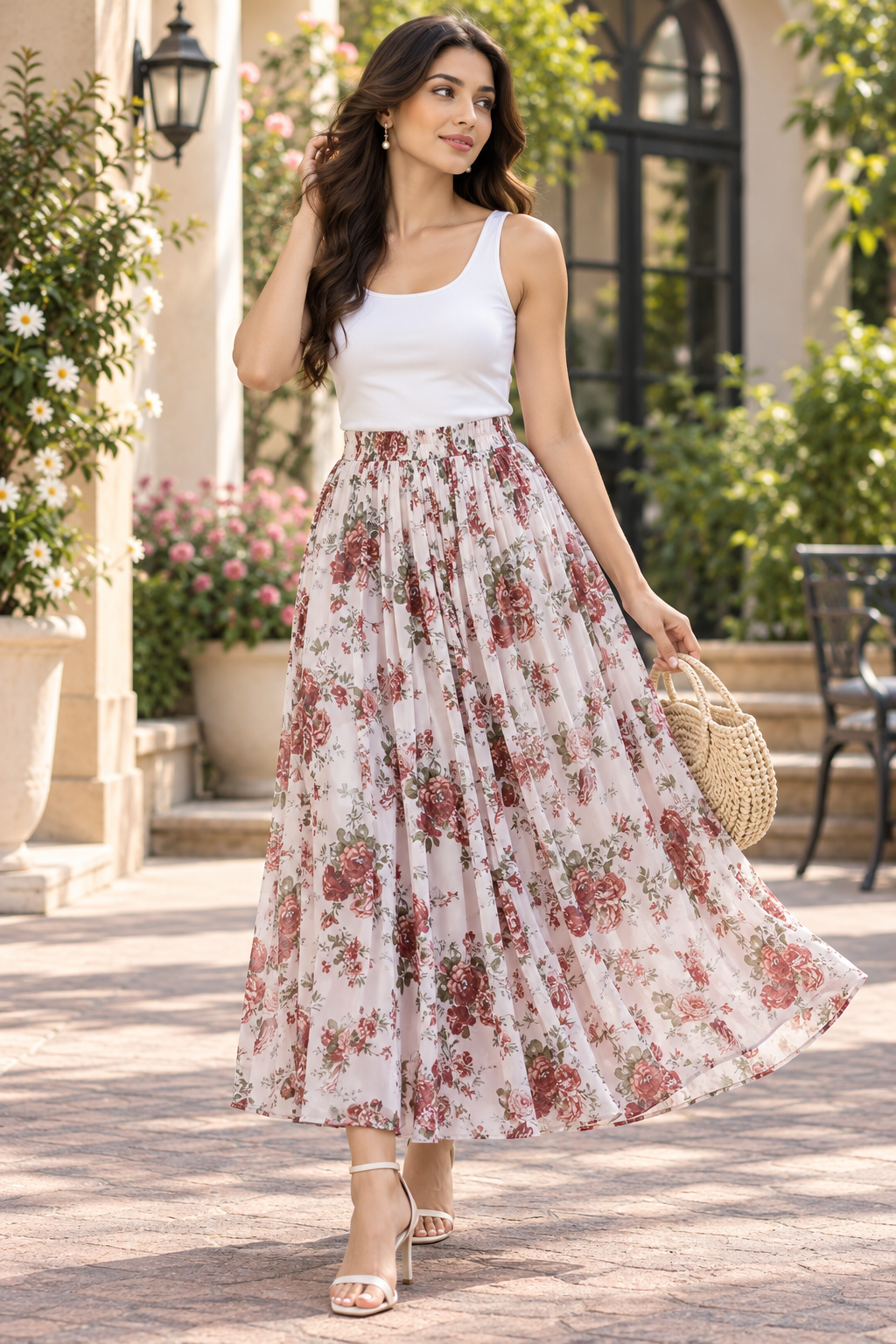 Vintage Blush Rose Floral Print Georgette Maxi Skirt