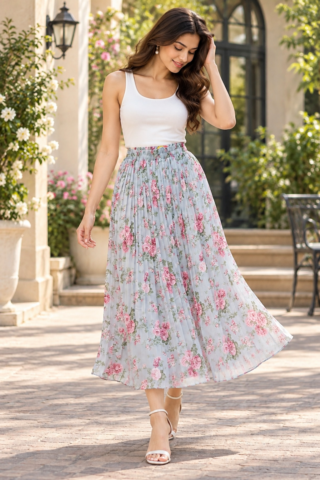 Misty Grey Pink Blossom Georgette Maxi Skirt