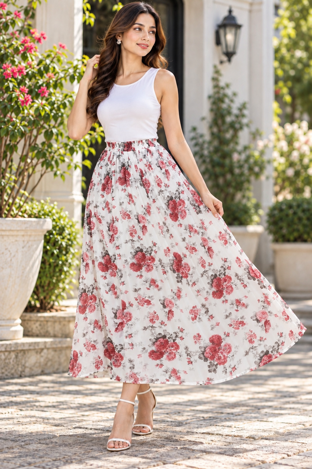 Blush Rose Floral Print Georgette Maxi Skirt