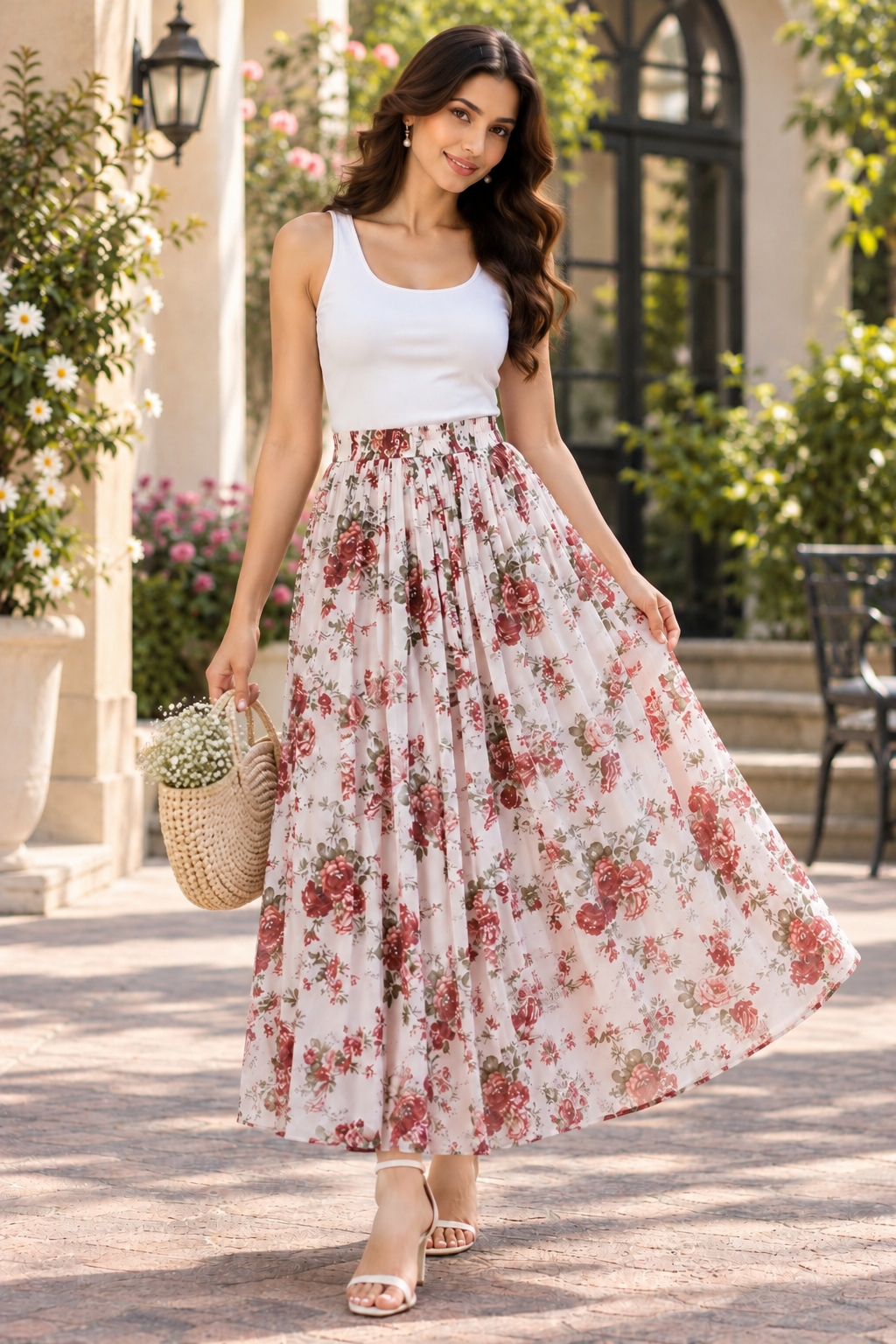 Vintage Blush Rose Floral Print Georgette Maxi Skirt