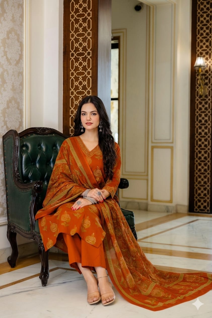 Rust Orange Floral Handblock Cotton Suit Set