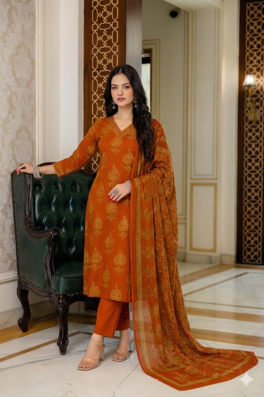 Rust Orange Floral Handblock Cotton Suit Set