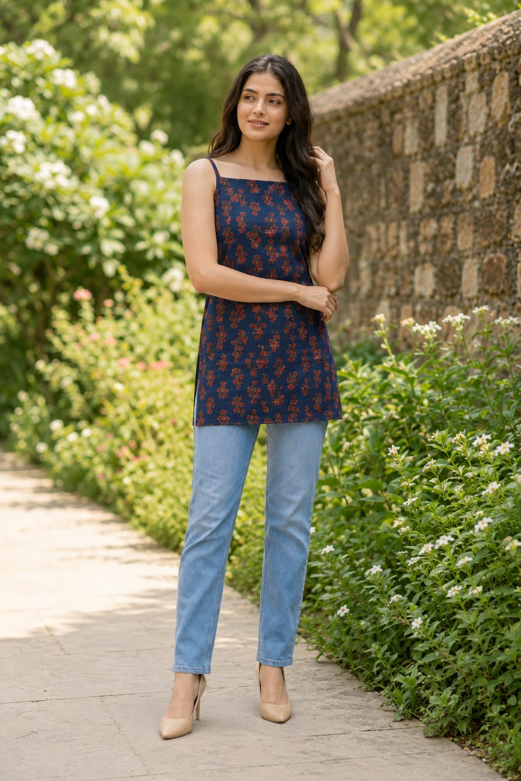 Dark Cobalt Bloom Cotton Corset Kurti