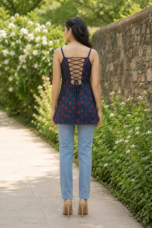 Dark Cobalt Bloom Cotton Corset Kurti