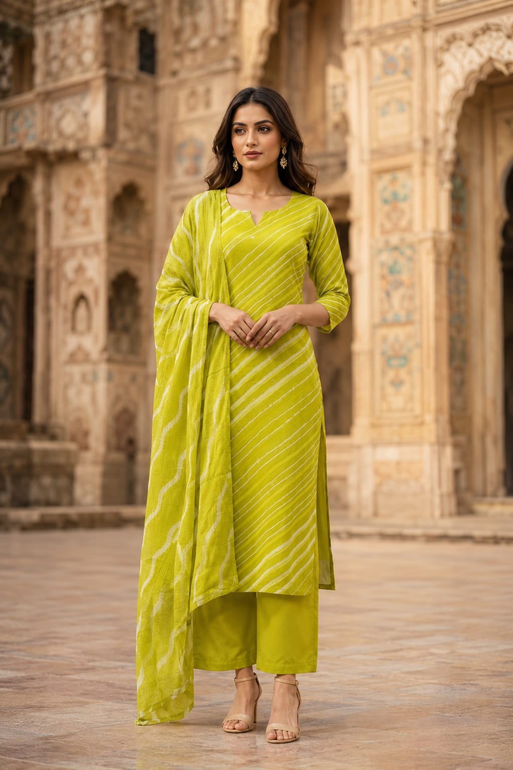 Lime Green Leheriya Cotton Suit Set