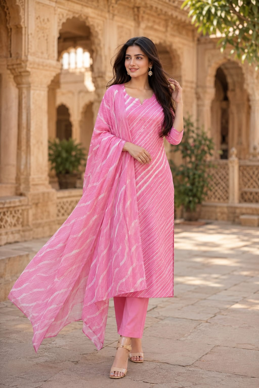 Blush Pink Leheriya Cotton Suit Set