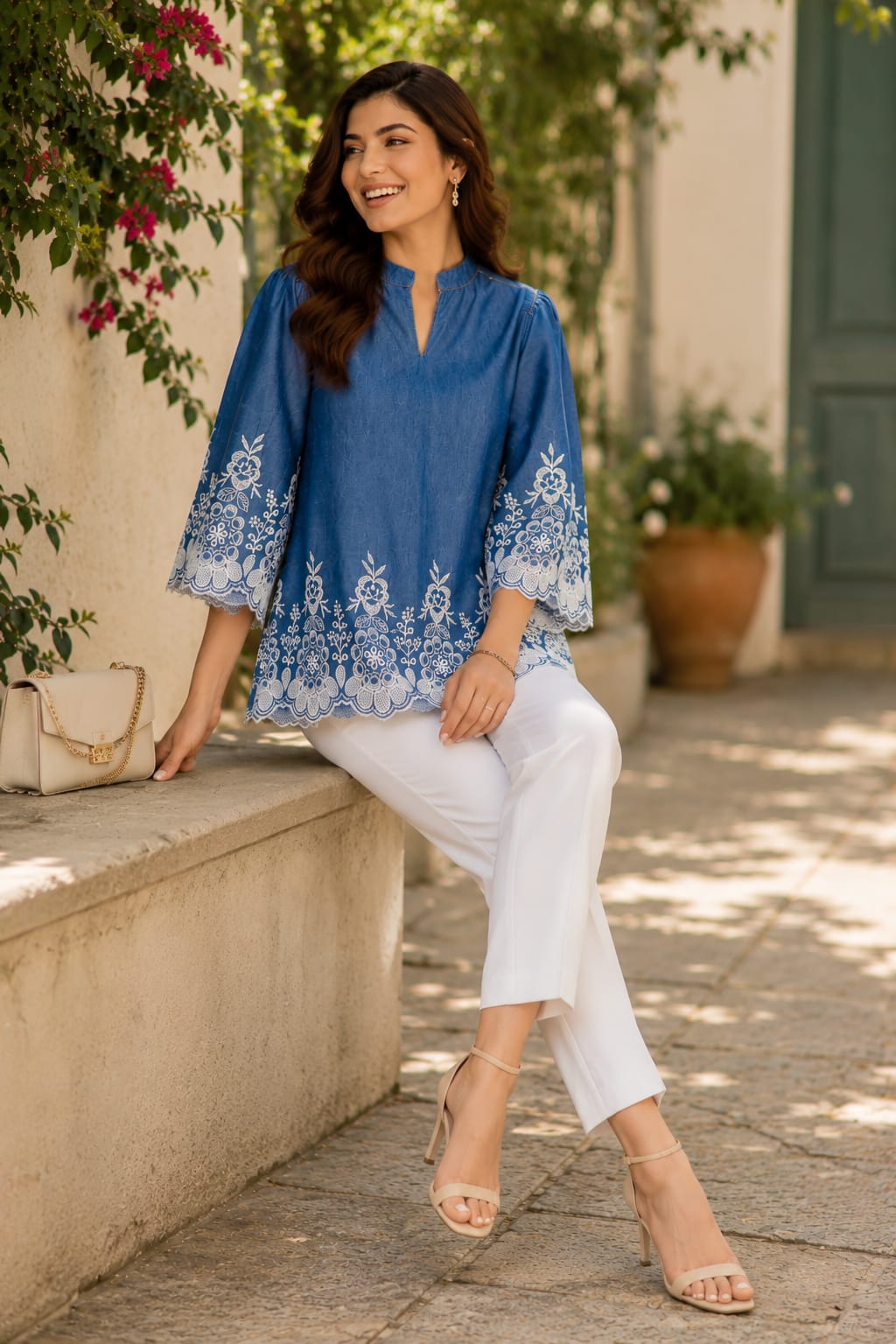 Azure Blue Embroidered Denim Top