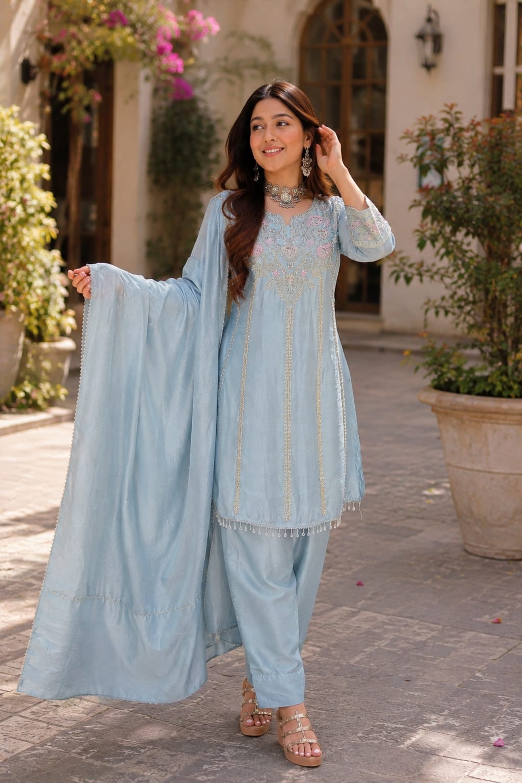 Celeste Blue Chinon Handwork Farshi Salwar Set