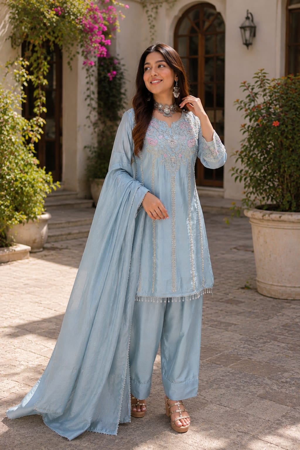 Celeste Blue Chinon Handwork Farshi Salwar Set