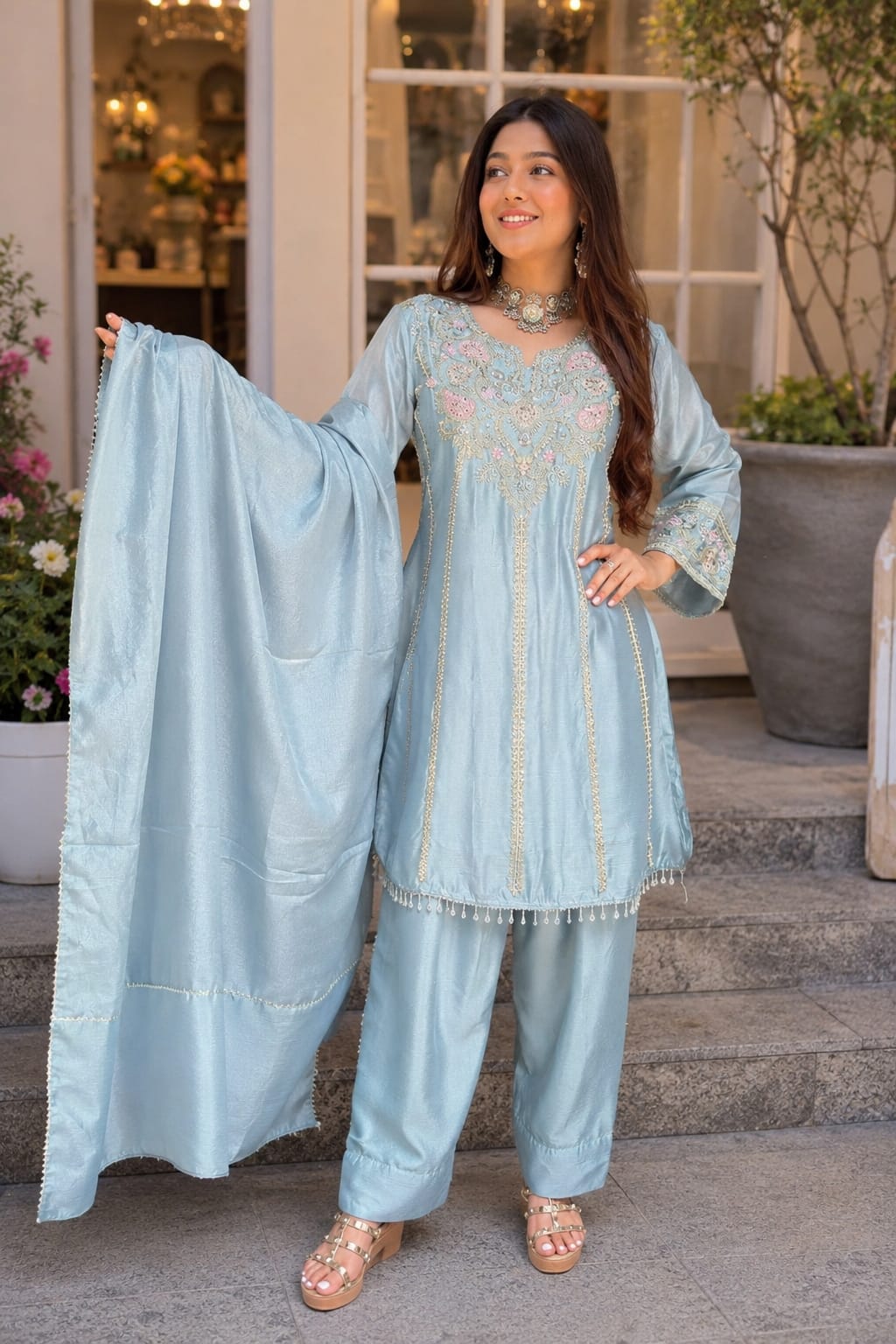 Celeste Blue Chinon Handwork Farshi Salwar Set