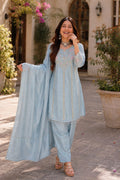 Celeste Blue Chinon Handwork Farshi Salwar Set