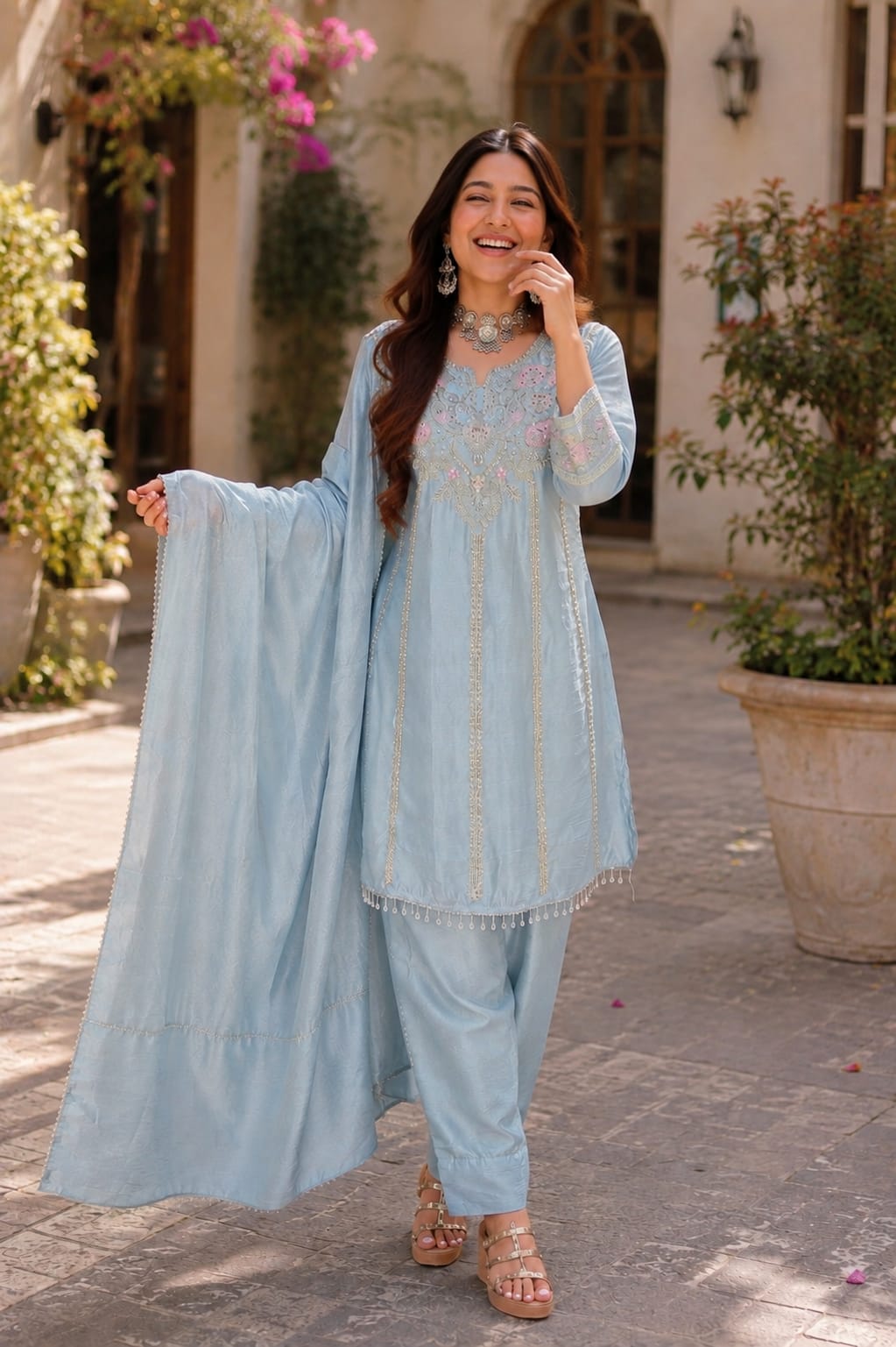 Celeste Blue Chinon Handwork Farshi Salwar Set