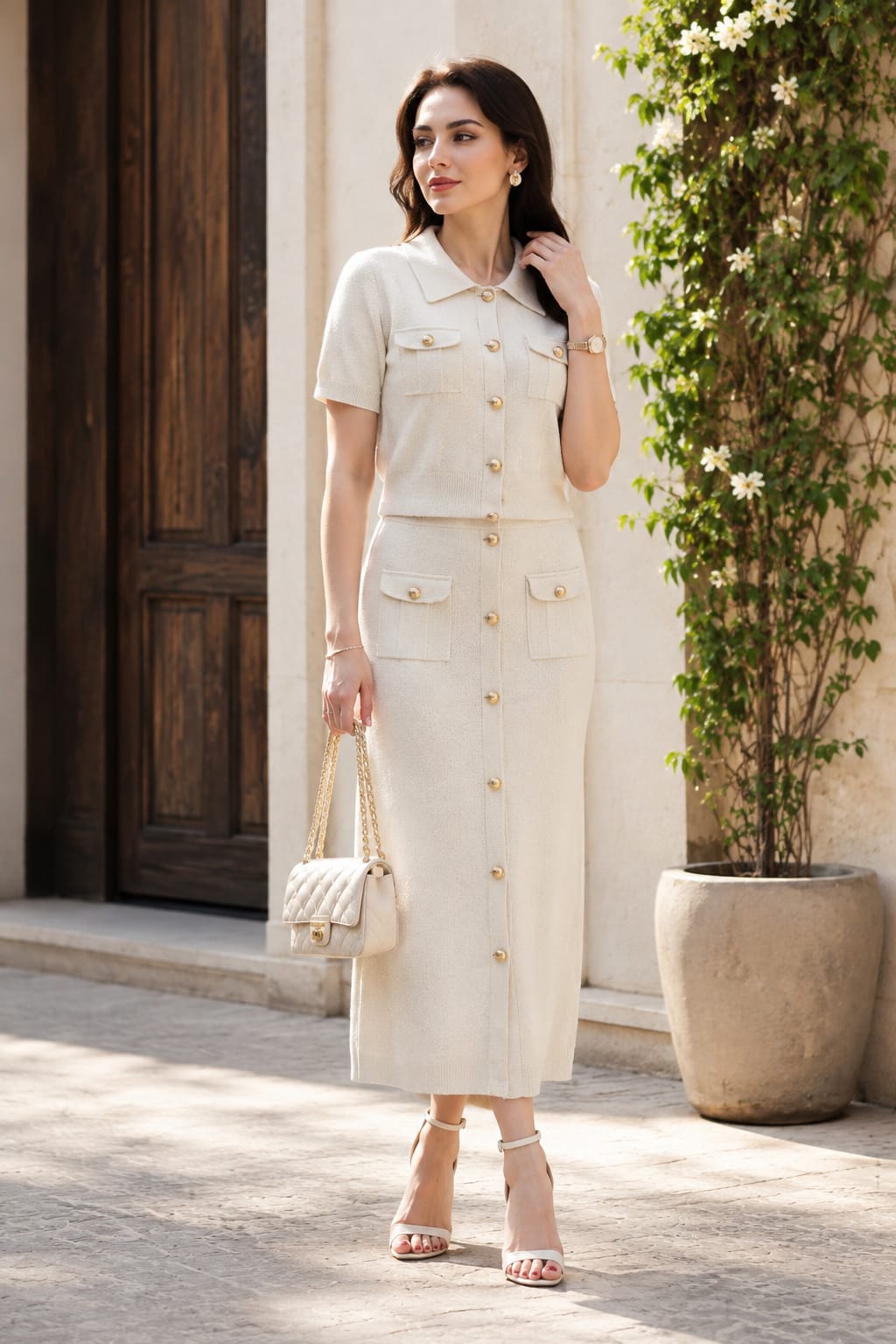 Ivory Luxe Knitted Button-Down Skirt Set