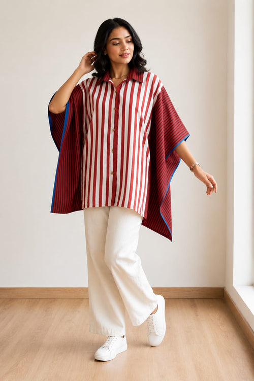 Crimson & Ivory Striped Kaftan Shirt