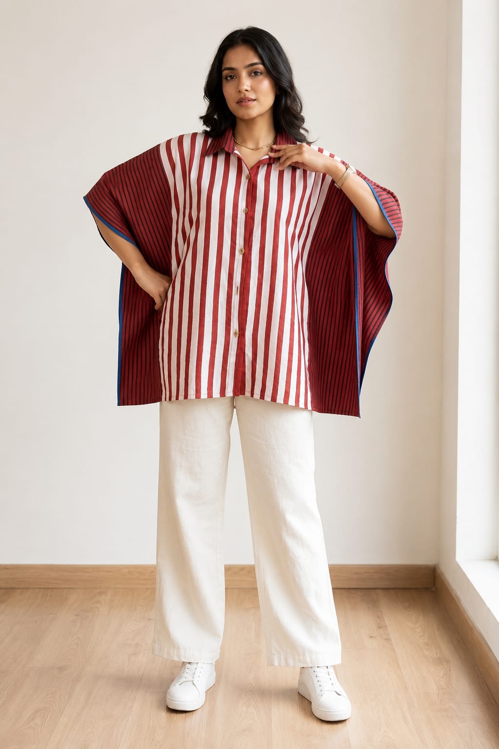 Crimson & Ivory Striped Kaftan Shirt